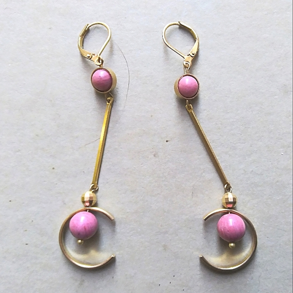 'Long C Curve' Earrings in Rhodochrosite